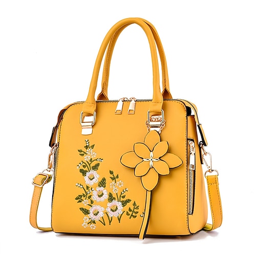 Gelbe Handtasche für Damen mit Blumenstickerei und Blumenanhänger – stilvolle und funktionelle Umhängetasche für den täglichen Gebrauch und besondere Anlässe
