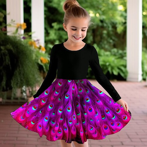 Mädchen' 3D Graphic Kleid Langarm 3D-Druck Sommer Herbst Urlaub Sport Natur Täglich Kuschelig Brautkleider schlicht Schön kinderkleidung 3-12 Jahre Casual kleid A Linie Kleid Übers Knie Regular Fit Image