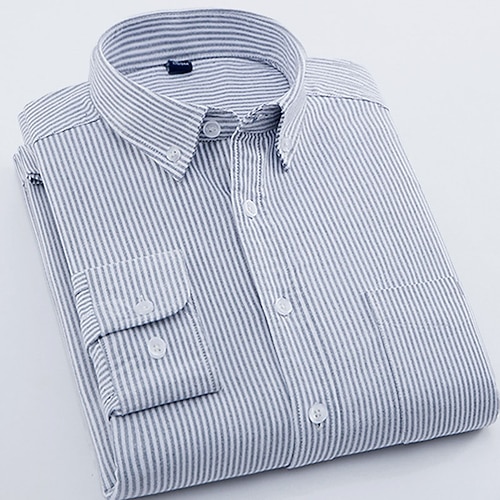Herren Oberhemd Hemd Kragenhemd Bügelfreies Hemd Oxford Hemd Gestreift Hochzeit Outdoor SchwarzWeißMarineblau Weiß Marineblau Blau Langarm Umlegekragen Frühling Herbst Bekleidung Button-Down Image
