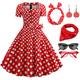 Damen A-Linie Rockabilly-Kleid Polka Dots Swing-Kleid Schlagkleid mit Zubehör-Set 1950er 60er Jahre Retro Vintage mit Stirnband Chiffon-Schal Ohrringe Katzenbrille Sonnenbrille 6-tlg