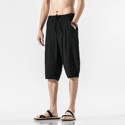 Herren Shorts Kurze Hosen Leinenshorts Kurze Hosen Sommer-Shorts Strandshorts Kurze Hosen Caprihose Patchwork Kordelzug Glatt Komfort Atmungsaktiv Wadenlänge Heim Täglich Basic Chinoiserie Lockere Image