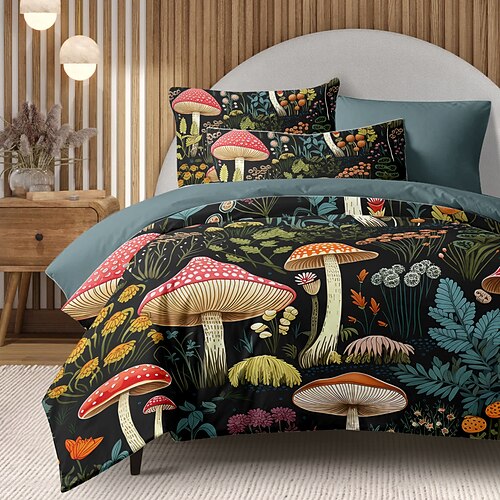 Pilzwald, mexikanisches Volkskunstmuster, Bettbezug-Set, Bettdecken-Set, weiches 3-teiliges Luxus-Baumwoll-Bettwäsche-Set, Heimdekoration, Geschenk Image