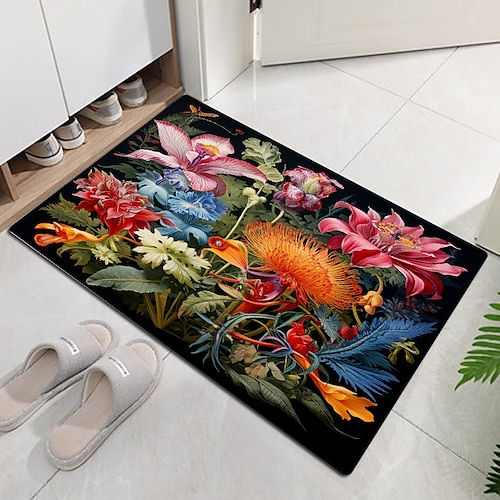 Fußmatte mit bunten Blumen, waschbare Teppiche, Küchenmatte, rutschfester, ölbeständiger Teppich, Innen- und Außenmatte, Schlafzimmer-Dekoration, Badezimmermatte, Eingangsteppich Image