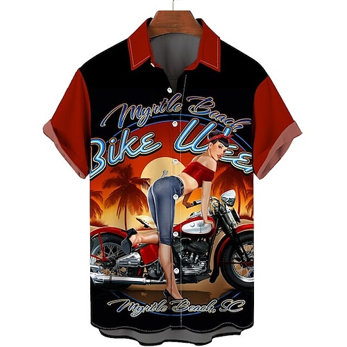 Herren Buchstabe Motorräder Pin-up-Girl Hemd Hawaiihemd Sommerhemd Aloha-Shirt Kurze Ärmel Hemd Umlegekragen Vintage Tropisch Modisch Strasse Casual Hawaiianisch Hellgelb Schwarz Gelb S M L Image