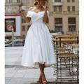 Einfache Brautkleider aus Satin, kleine weiße Kleider, A-Linie, schulterfrei, formelle Kurzarm-Brautkleider in Teelänge mit Volltonfarbe 2024