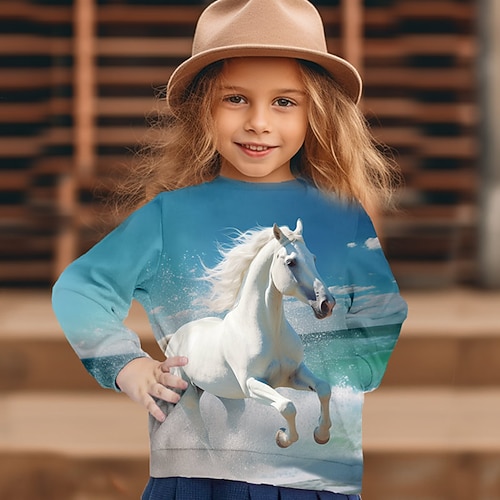 Mädchen 3D Graphic Tier Pferd Pullover Langarm 3D-Druck Sommer Herbst Modisch Strassenmode bezaubernd Polyester kinderkleidung 3-12 Jahre Outdoor Casual Täglich Regular Fit Image