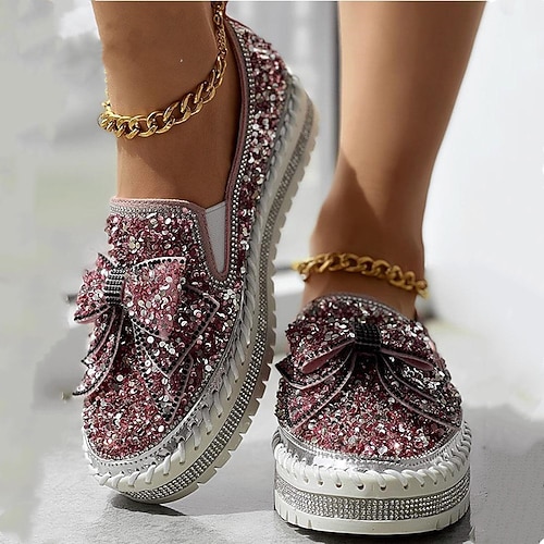 Glitzernde Slip-On-Sneaker für Damen mit Strasssteinen – Plateau-Loafer mit Glitzerschleife für Party-, Freizeit- und Streetwear-Mode Image