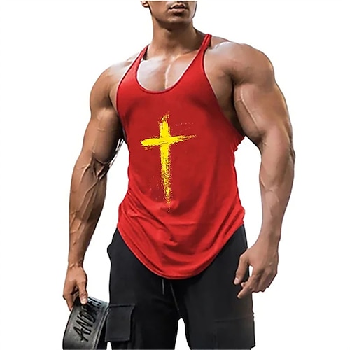 Herren Grafik Kreuz Tank Top Weste Unterhemd Grafischen T-Shirt Ärmelloses Shirt Ärmellos T-Shirt Rundhalsausschnitt Hemd Mode Streetwear Muskel Sport Outdoor Athleisure Fitnessstudio Schwarz Rote Image