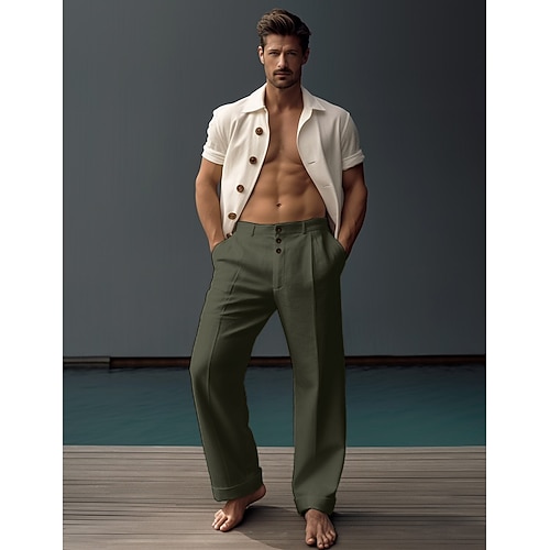 40 % Leinen Herren Leinenhosen Hose Sommerhose Tasche Knöpfe Gerader Schnitt Einfach Bequem Atmungsaktiv Urlaub Büro / Karriere Täglich Klassisch Lässig Schwarz Weiß Image