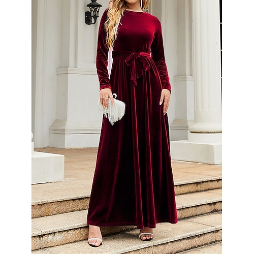 Schwarzes Damenkleid Samtkleid Ballkleid Schnürung Rundhals Langarm Winterkleid Schwarz Wein Herbst Winter Image