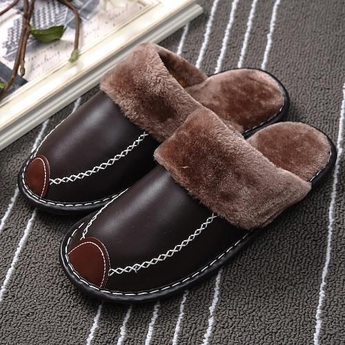 Herren Hausschuhe Flip-Flops Pelzfutter Warme Hausschuhe Fleece-Hausschuhe Casual Heim PU Schwarz Leicht Braun Braun Winter