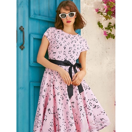 Retro Vintage 1950er Urlaubskleid Knielang Flapper Kleid Swing-Kleid Musiknoten Kostüm Damen Karneval Maskerade Urlaub Alltagstauglich Retro-Mottoparty Erwachsene Kleid Image
