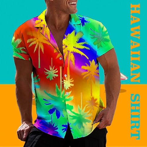 Herren Farbverlauf Kokospalme Grafikdrucke Hemd Sommer Hawaiihemd Kurzarm Hemd Umlegekragen Lässig Hawaiianisch Schwarz Blau Purpur Grün Regenbogen Druck Button-Down Bekleidung Tropisch Mode Image