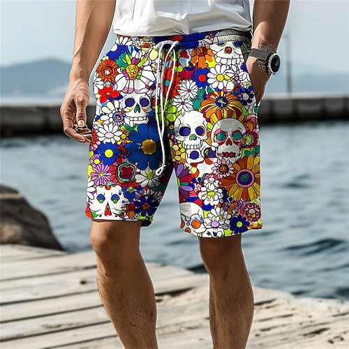 Herren Schädel Blume / Blumenmuster Badehosen Badeshorts Boardshorts Mittlere Taille Urlaub Hawaiianisch Resort-Stil Urlaub Ferien Strand Kordelzug mit Mesh-Futter Elastischer Bund Designer Bekleidung Image