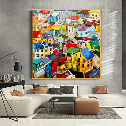 Handgefertigtes Ölgemälde auf Leinwand, Wandkunst, Dekoration, modernes abstraktes Dorf, buntes Haus, Zuhause, Wohnzimmer, Dekor, gerollt, rahmenlos, ungedehnt Image