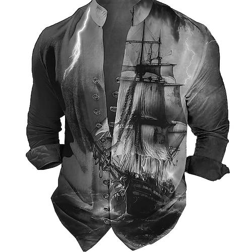 Herren Nautisch Vintage Segelboot Hemd Knopfhemd Langarm Modisch Strassenmode Designer Outdoor Casual Täglich Sommer Frühling Herbst Ständer Bedruckt Blau-Grün Rote Blau Grün Grau
