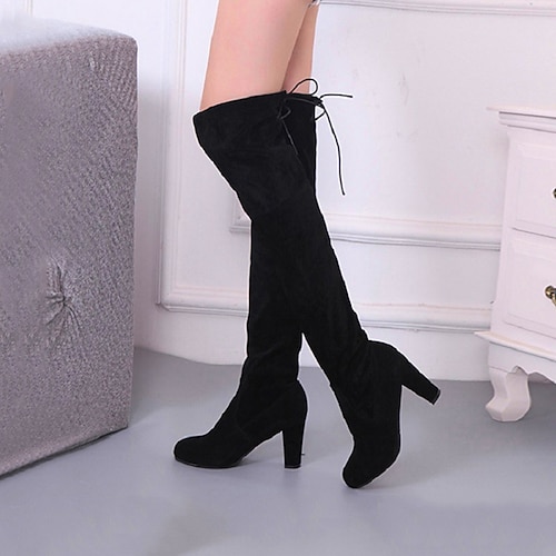 Overknee-Stiefel mit Blockabsatz für Damen – sexy Overknee-Stiefel aus Wildleder mit Schnürung hinten für Damen, elegantes Schuhwerk für Herbst und Winter zum Ausgehen, für Partys und Streetstyle-Looks Image