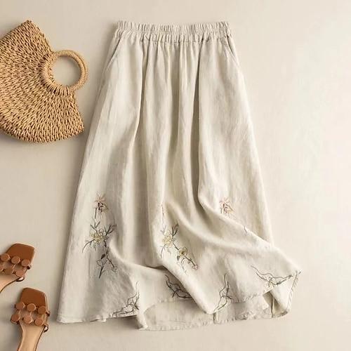 Damen Rock Leinenröcke Modisch Brautkleider schlicht Maxi Hoher Taillenbund Röcke Blumen Bestickt Casual Wochenende Khaki Sommer Baumwolle und Leinen