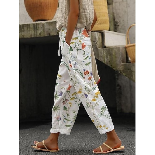 Damen Baumwoll-Leinen-Hosen Baggy-Hosen Leinenlike Vintage Lässig Knöchellang Floral Kordelzug Seitentaschen Druck Komfort nicht elastisch Lässig täglich Weiß Sommer Frühling Herbst Reguläre Passform Image