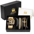 oulm golden herren quarzuhr set business herren armbanduhr geschenkset luxus gold halskette armband edelstahlband quadratisches zifferblatt neujahrsgeschenk weihnachtsgeschenk