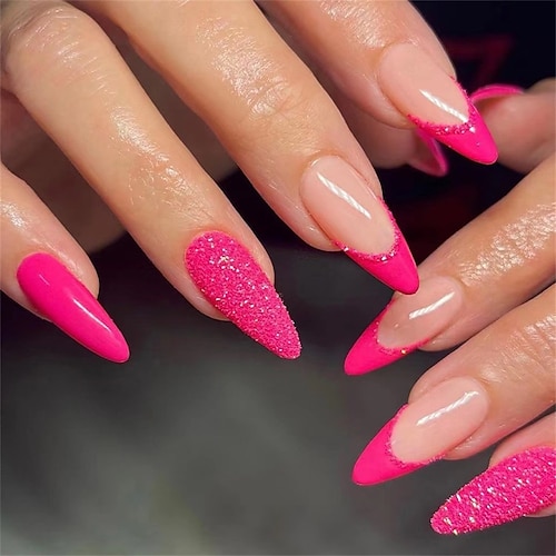 Pinke Nägel zum Aufdrücken, kurz, mittellang, mandelfarben, französische Kunstnägel für Frauen und Mädchen mit Design, zum Aufkleben der Nägel, Acryl-Stiletto-Kunstnägel, Maniküre, zum Aufdrücken von Image