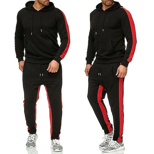 Herren Trainingsanzug Jogginganzug Sportbekleidungsset Hoodie Sweatshirt Kapuze Jogginganzüge Schwarz Weiß Gelb Rote Dunkelgray Mit Kapuze Feste Farbe Streifen Sport Natur Ausgehen Sportbekleidung