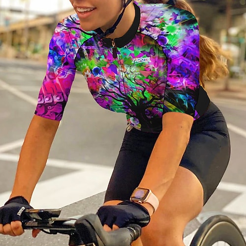 Damen Radtrikot Baum Kurzarm Fahhrad Trikot Oberteil mit 3 Gesäßtaschen Mountainbike MTB Straßenradsport Schnelltrocknend Reflektierende Streifen Rückentasche Feuchtigkeitsableitend Sport Gelb Rot Image
