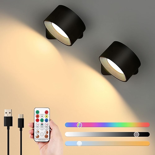 LED-Wandleuchte mit Fernbedienung, Sensor-Puck-Lampe mit 3000-mAh-Akku, dreifarbig dimmbar, magnetisch, 360° drehbar, kabellos, für den Nachttisch im Schlafzimmer Image