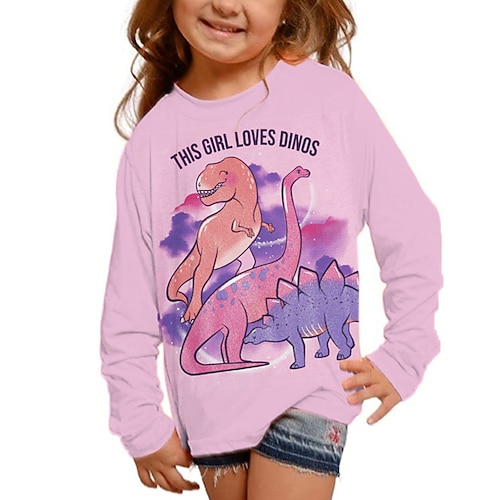 Mädchen 3D Tiermotiv Dinosaurier Buchstabe T-Shirt Langarm 3D-Druck Herbst Winter Aktiv Mode Täglich Kinder 3-12 Jahre Täglich Outdoor Normale Passform Image