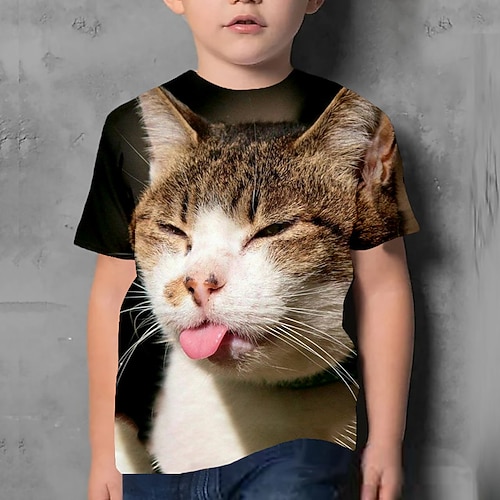 kinderkleidung Jungen T-Shirt Tee Tier Katze Kurzarm Rundhalsausschnitt Kinder oben Casual 3D-Druck bezaubernd Täglich Sommer Schwarz 3-12 Jahre Image
