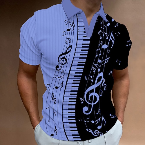 Musikfestival Herren Musik Poloshirts Golfshirt Kurzarm Polo-Shirts V Ausschnitt Lässig Urlaubskleidung Festivalkleidung Party-Outfits 3D-Druck Weiß Gelb Blau Image
