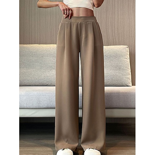 Damen Weites Bein Anzughose Hosen Hose Baggy-Hosen Elegant Mode Streetwear Volle Länge Hohe Taille Einfach Maillard Tasche Baggy Hoher Schnitt Komfort Atmungsaktivität Weich Mikroelastisch Geschäft Image