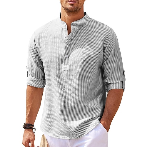 Herren Hemd Popover-Shirt Sommerhemd Strandbekleidung Lässiges Hemd Hemd mit Stehkragen Weiß Blau Hellgrau Dunkelgray Langarm Glatt Henley Täglich Urlaub Bekleidung Baumwollmischung Modisch Image