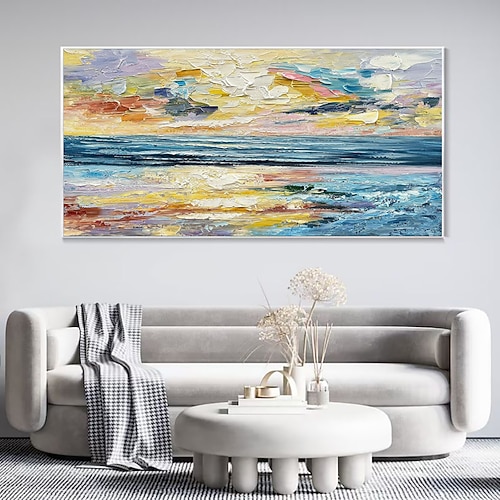 Handgefertigtes Ölgemälde auf Leinwand, Wandkunst, Dekoration, modern, abstrakt, Sonnenaufgang, Meer, dicke Textur, Landschaft für Heimdekoration, gerollt, rahmenlos, ungedehnt Image