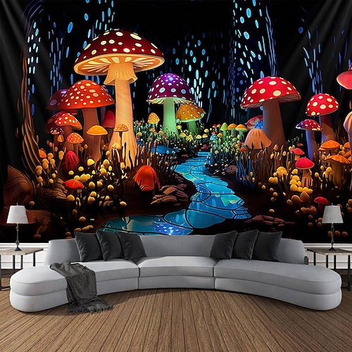 Pilz Fantasy Schwarzlicht Wandteppich Glow in the Dark Glow Party UV reaktiv trippig neblige Natur Landschaft Hängender Wandteppich Wandbild für Wohnzimmer Schlafzimmer Image