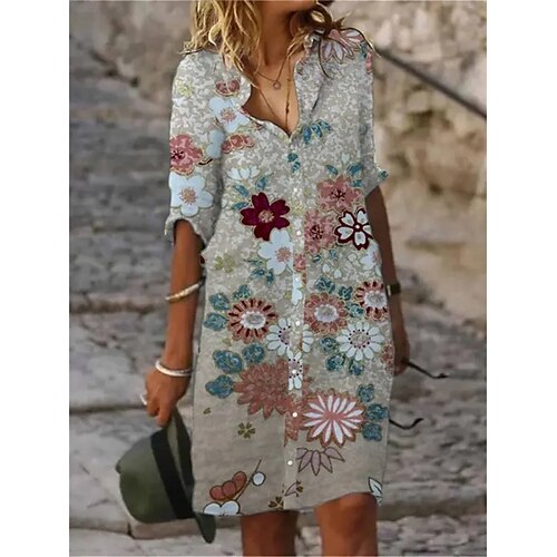 Damen Hemdblusenkleid Freizeitkleid Etuikleid Midikleid Outdoor Alltag Urlaub Mode Modern Hemdkragen Knopfleiste Print Halbarm Sommer Frühling Regular Fit Blume Image