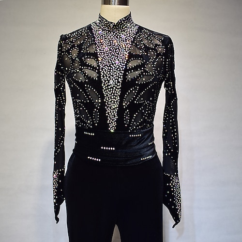 Eiskunstlaufkleid Damen Mädchen Eislaufen Kleider Austattungen Schwarz Elasthan Hochelastisch Ausbildung Wettbewerb Eiskunstlaufkleidung Handgemacht Volltonfarbe Kristalle Langarm Eislaufen Image