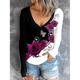 Damen T Shirt Henley Shirt Rose Blumen Casual Festtage Taste Bedruckt Schwarz Langarm Modisch Rundhalsausschnitt Frühling Herbst