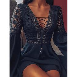 Damen Chiffonkleid weiß schwarz Langarm reine Farbe Quaste Fransen Patchwork Sommer Frühling V-Ausschnitt heiß sexy Herbstkleid schlank 2023 s m l xl / Sommerkleid