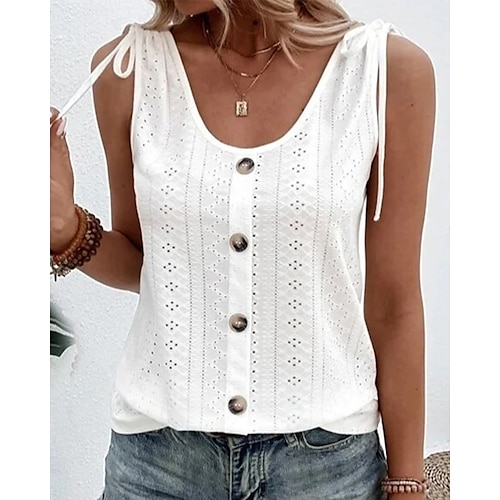 Damen Spaghettiträger Top Lochmuster Top Schicke Tops Einfarbig Basic Ärmellos U-Ausschnitt Regelmäßige Tops Täglich Wochenende Knöpfe Hellblau Karmosin Schwarz Weiß Pink Image