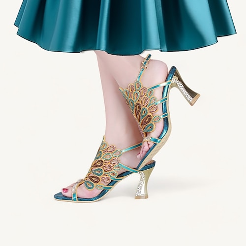 Damen Absätze Sandalen Abendschuhe Funkelnde Schuhe Hochzeit Party Pfauenfeder Strass Konischer Absatz Stöckelabsatz Peep Toe Elegant Böhmen Vintage Mikrobielles Leder Schnalle Blockabsätze Rot Image