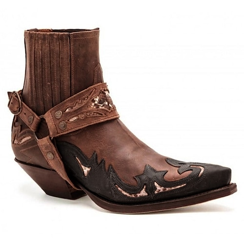 Schwarze Westernstiefeletten aus Kunstleder für Herren mit Stickereien und Metallgeschirr - Stiefel im Cowboy-Stil für Rodeos, Country-Musik-Events und die Freizeit Image