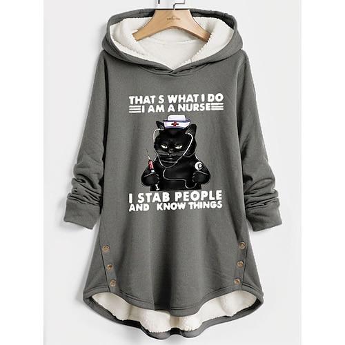Damen-Kapuzenpullover, Sweatshirt, Pullover, Fleece-gefüttert, Katzen-Buchstaben-Print, lässiger Sport-Print, Sportbekleidung, lustiger Komfort, lockere Passform, Kapuzenpullover, langärmeliges