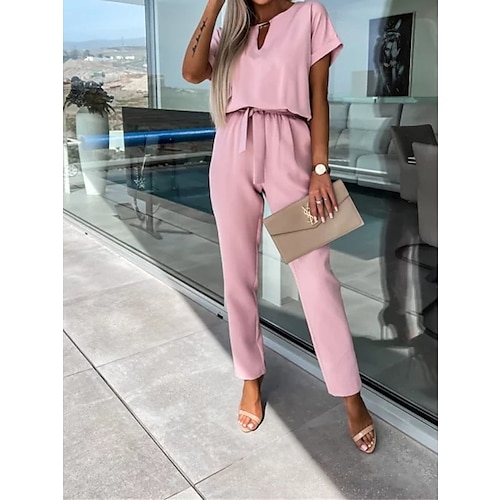 Damen Normal Jumpsuit Elegant Feste Farbe Kurzarm Rundhalsausschnitt mit Schnürung Hohe Taillenlinie B¨¹ro Arbeit Lockere Passform Schwarz Rosa Fuchsie Sommer Image