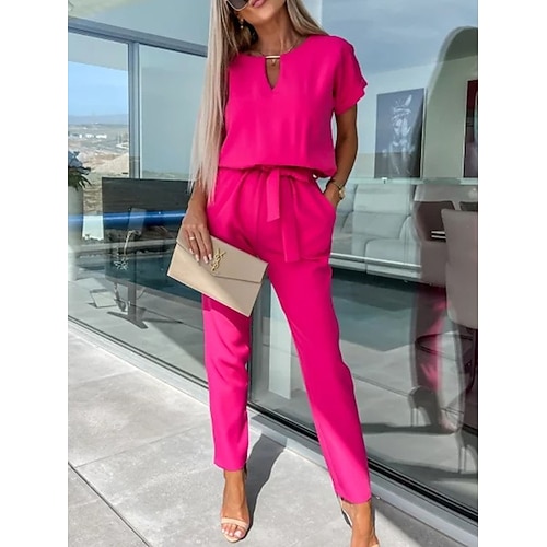 Damen Normal Jumpsuit Elegant Feste Farbe Kurzarm Rundhalsausschnitt mit Schnürung Hohe Taillenlinie B¨¹ro Arbeit Lockere Passform Schwarz Rosa Fuchsie Sommer