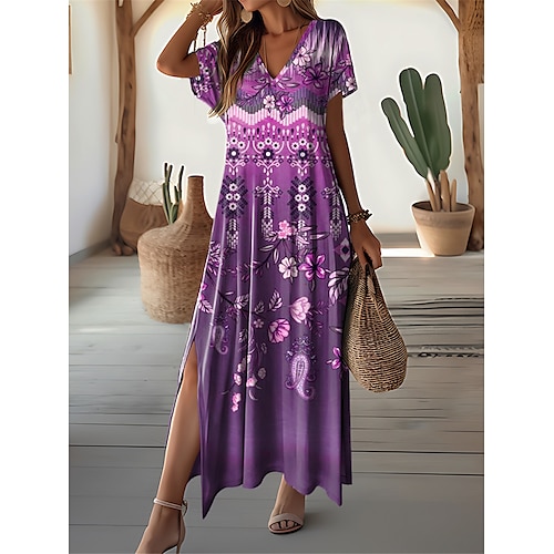 Damen Maxi Kleid Vintage Kleid Lässiges Kleid Freizeitkleid Vintage Ethnisch Tribal Drop Shoulder Urlaub Straße Feiertag Reguläre Passform Tribal Kurzarm V-Ausschnitt Weiß Blau Lila Khaki