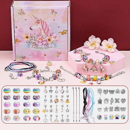 Charm-Armband Bastelset - Mädchen DIY Perlen Schmuck Bastelset Einhorn Meerjungfrau Geschenke Spielzeuge Bastel für Mädchen Geburtstagsgeschenk Festival Neujahr mit rosa Geburtstagsgeschenkbox Image