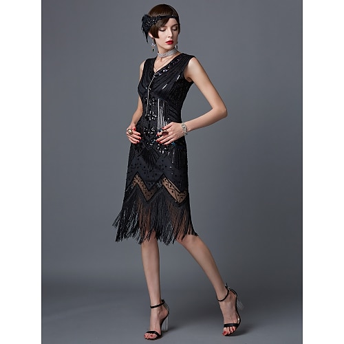 Goldene Zwanziger 1920er Wilde Zwanziger Knielang Flapper Kleid Kleid Halloween Kostüme Ärmellos Der große Gatsby Charleston Hochzeitsgast Pailletten Spitze Patchwork V Ausschnitt Kostüm Damen Image