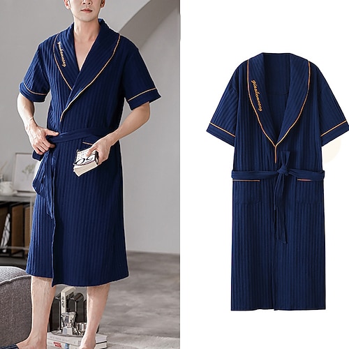 Herren Morgenmantel Bademantel Handtuch Robe Einfarbig Modisch Einfach Basic Heim Baumwolle Komfort Atmungsaktiv Tiefer Ausschnitt Lange Robe Tasche Gürtel inbegriffen Sommer Dunkelblau Dunkelgray Image