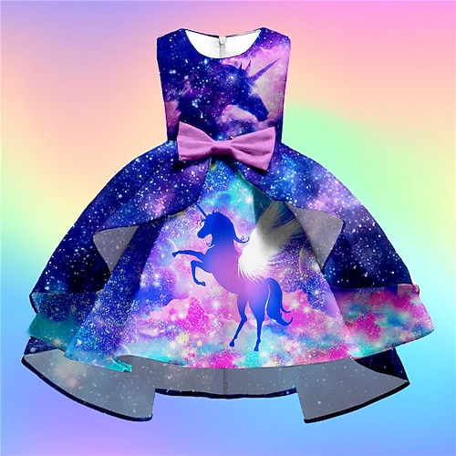 kinderkleidung Mädchen Kleid Party Kleid Tier Regenbogen Einhorn Ärmellos Formal Rüsche Rundhalsausschnitt Elegant Schön Polyester Knielang Schaukelkleid A Linie Kleid Herbst Winter 3-10 Jahre Purpur Image